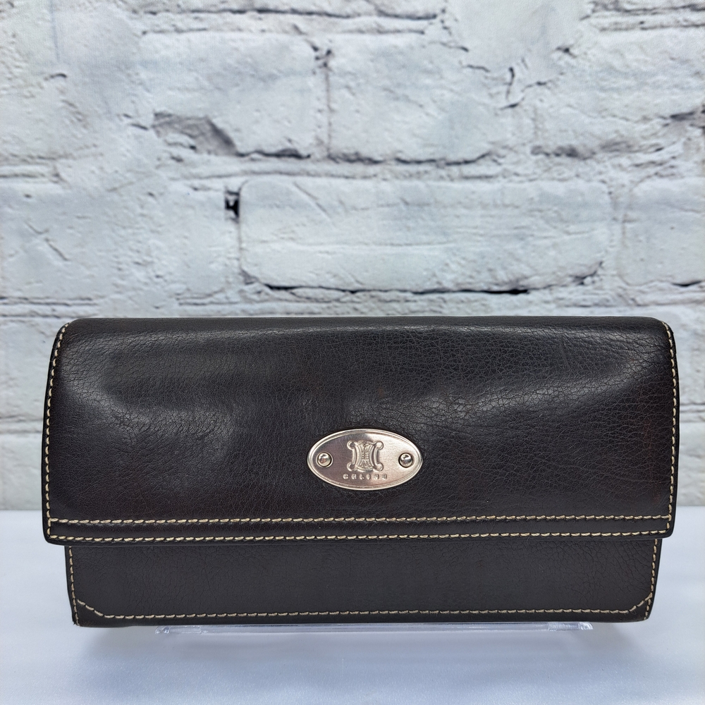 CELINE 'TRIOMPHE' LEATHER WALLET PORTFOLIO ZIP 'CÀFE MOCHA' SIGNATURE PLATE